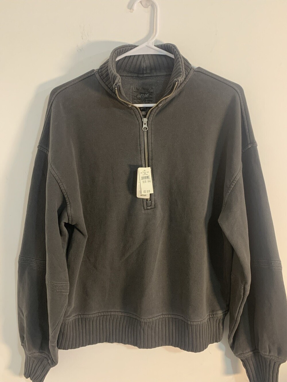 Aerie Quarter-Zip Sweatshirt Size XS Dark Grey Charcoal NWT New Boho CottonBlend